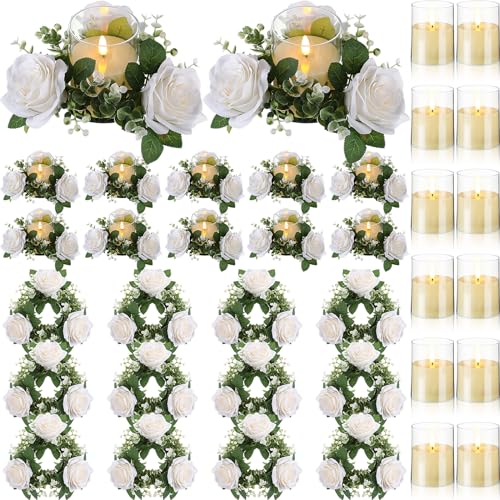 Yunlly 12 Pcs Valentine Candle Rings Wreaths 3 Inch Wedding Centerpiece LED Flameless Candles Rose Eucalyptus Rings for Ta...