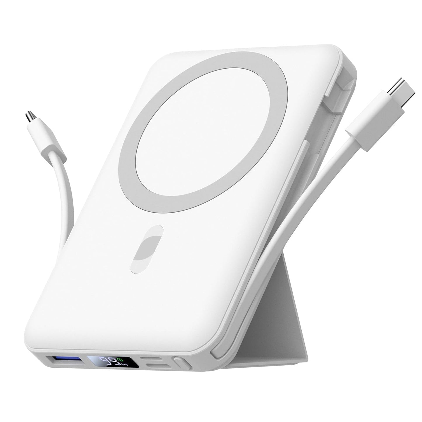 Azmuth for Magsafe Battery Pack, 10000mAh Magnetic Power Bank 22.5W PD Fast Charging with USB-C Cable LED Display Wireless Portable Charger with Stand for iPhone 16/15/14/13/12/Pro (White)
