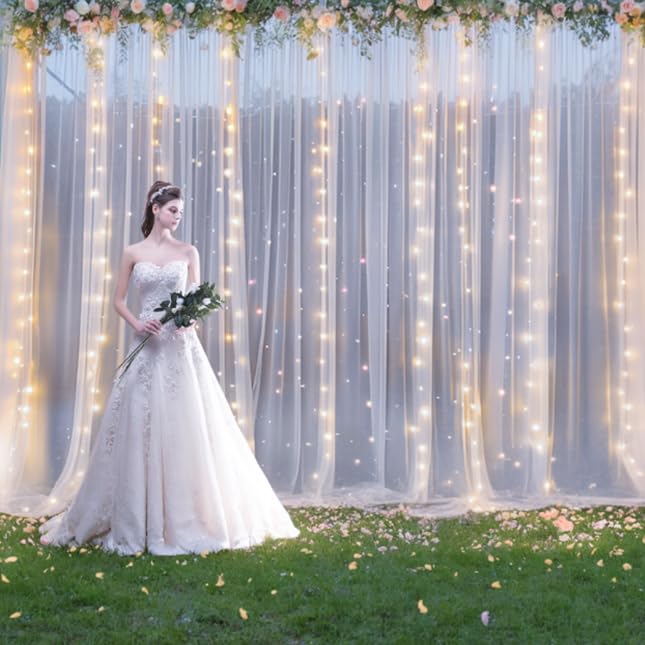 10ft x 8ft White Sheer Tulle Backdrop Curtains with Lights String Wedding Backdrop for Reception Ceremony Birthday Party B...