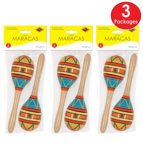 Beistle Fiesta Fun Party Maracas – 3 Sets, 6 Wooden Hand-Decorated Percussion Maraca Shakers for Cinco de Mayo, Mexican-Th...