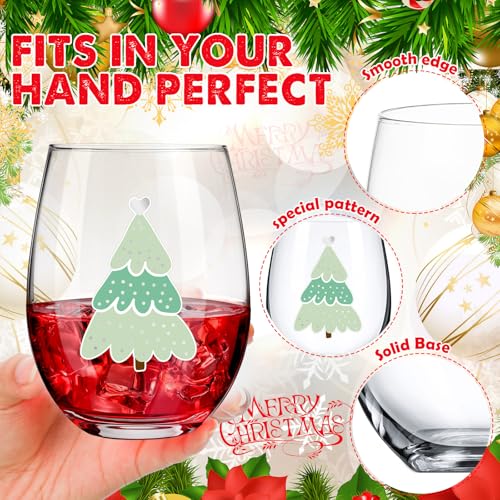 Umigy 8 Pcs Christmas Wine Glasses Green Tree Xmas Stemless Wine Glass 15 oz Winter Green Christmas Tree Glasses for Party...