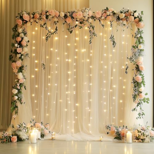 Xiomot Tulle Backdrop Curtain with Lights String 10FT X 8FT Champagne Sheer Tulle Backdrop Curtains for Wedding Birthday P...