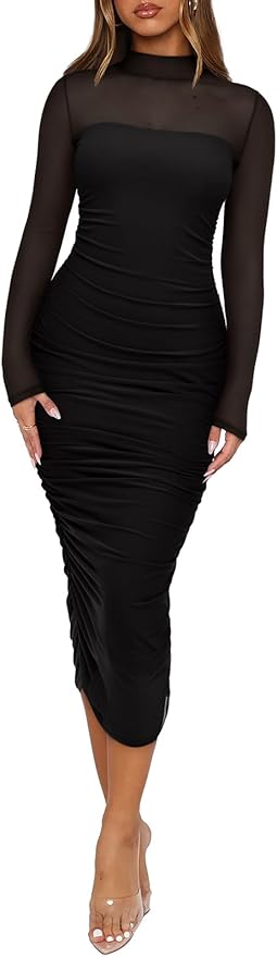 REORIA Women's Fall Mesh Long Sleeve Midi Ruched Bodycon Dress Mock Neck Elegant Club Evening Party Cocktail Dresses