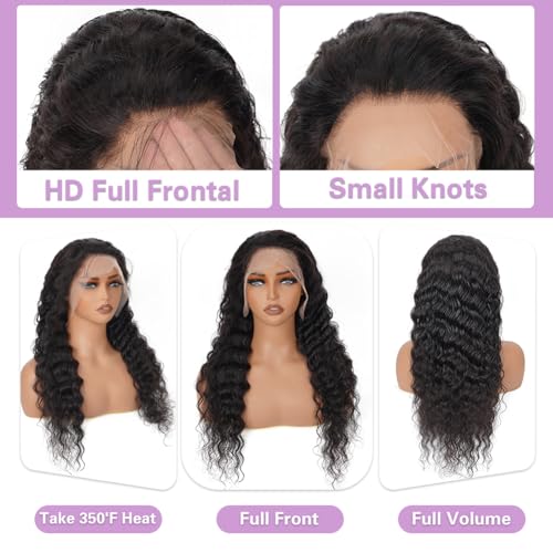 26 Inch Deep Wave Lace Front Wigs Human Hair, 13x4 HD Lace Front Human Hair Wet and Wavy Glueless Frontal Deep Curly Wig for Women, Pre Plucked, 180 Density, Small Knots,Average Cap, Tangle Free
