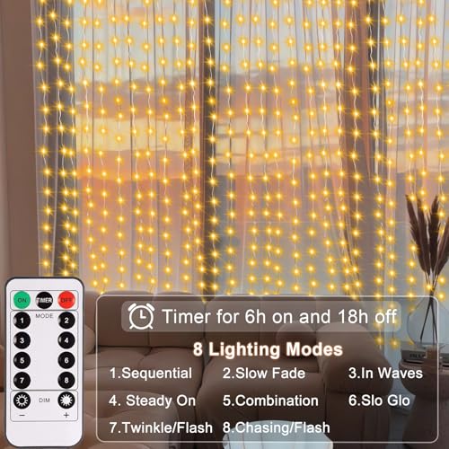 echosari 300 LED Curtain Lights, 9.8Ft x 9.8Ft USB Plug in Christmas Fairy Curtain Lights with Remote, Hanging String Ligh...