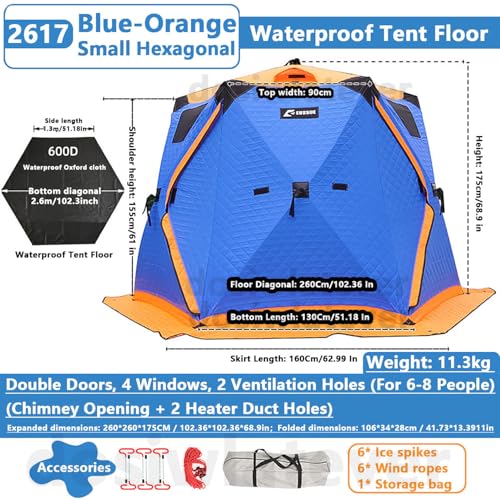 Large Insulated Ice Fishing Tent with Stove Jack – Warm Shelter for 6-12 People, Windproof, Double-Zipper Doors, 4 Vents, ...