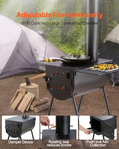 VEVOR 118" Camping Wood Stove, Portable Alloy Steel Tent Stove with 3000in³ Firebox, Outdoor Heating & Cooking Stove with ...