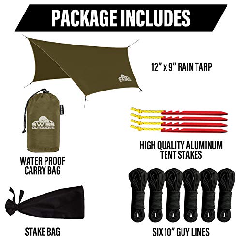 Swiss Outdoors Rain Fly Tarp | Waterproof Tent Shelter Canopy | Lightweight Easy Setup for Hammock, Backpacking or Camp Ge...