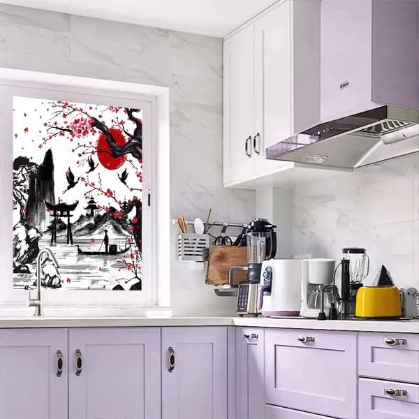 Vintage Japanese Style Decorative Window Film Abstract Ink Japanese Landscape Torii Gatekids Blackout Window Film,Cafe Lighted Window Film 35.4Wx78.7L-Inch X1Pcs