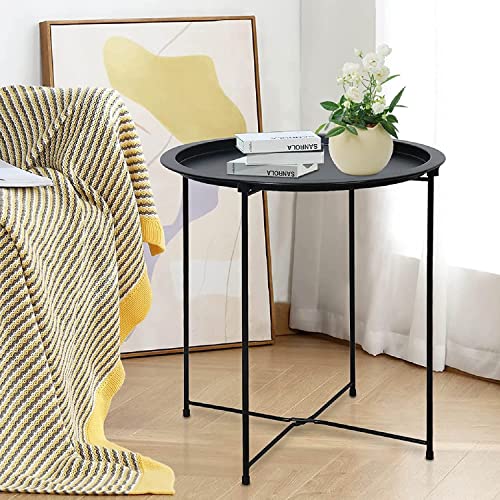 Garden 4 you End Table 2 PCS Metal Side Table Black Round Folding Tray Cyan Sofa Small Accent Fold-able Table, Round End T...