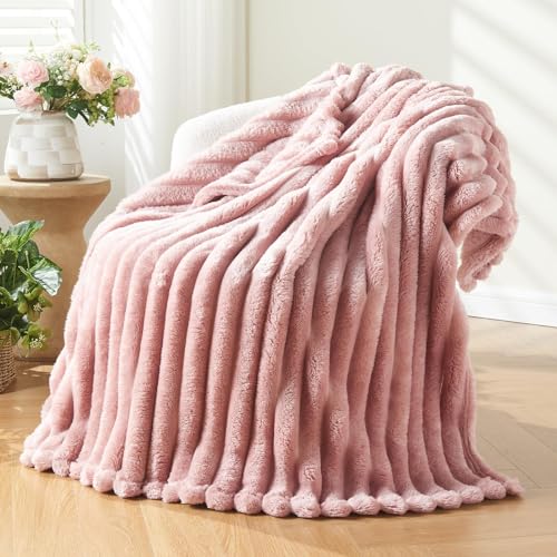 NEWCOSPLAY Super Soft Throw Blanket Pink Premium Silky Flannel Fleece 3D Ribbed Jacquard Lightweight Bed Blanket All Seaso...