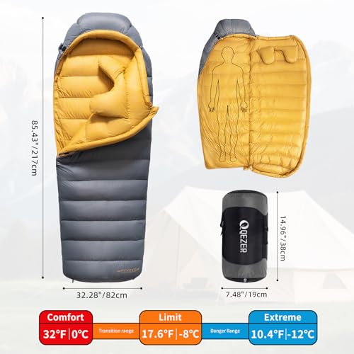 QEZER Down Sleeping Bag for Adults 620 Fill Power 0 Degree Sleeping Bag Cold Weather Ultralight with Pouch for Backpackin...