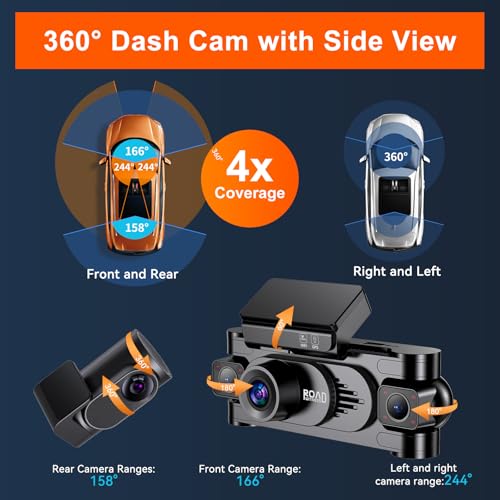 4K 360° DashCam for Cars,4 Channel Car Dash Cam Front and Rear Inside with 128GB Card Included,Voice Control,5.8G WiFi GP...