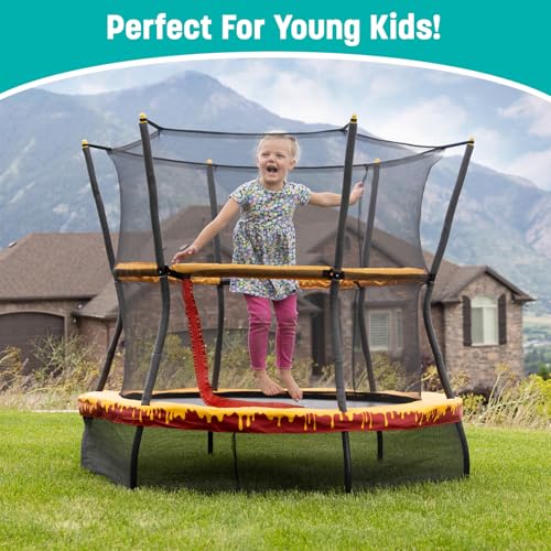 Skywalker Trampolines 60" No-Spring Design Mini Trampoline for Kids and Toddlers with Enclosure Net, Indoor/Outdoor Trampoline with 360-Degree Padded Handlebar, 100lbs Capacity, for Boys & Girls