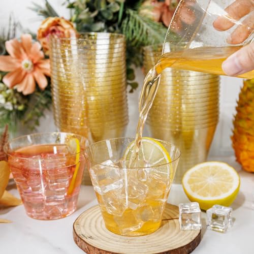 I00000 100pcs Gold Plastic Cups - 9 OZ Hard Gold Glitter Disposable Cups for Cocktail And Drinking - Premium Disposable Pl...