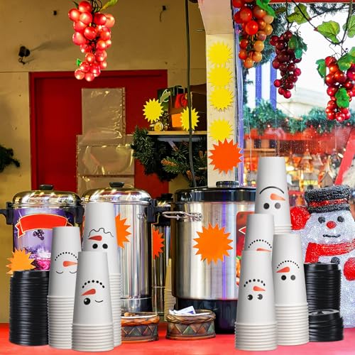 Sliner 120 Pcs Christmas Snowman Disposable Paper Coffee Tea Cups with Lids Winter Wonderland Xmas Cocoa Cups for Juice Ho...