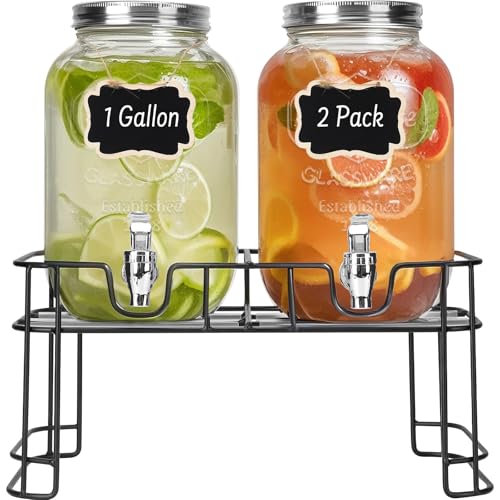DHSBTLS 1 Gallon Glass Drink Dispensers, 2 Pack Clear Beverage Dispenser for Party, BBQ and Picnic, Juice Dispenser with I...