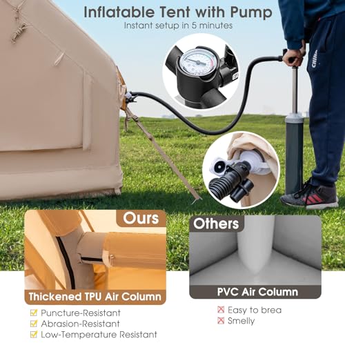 Tangkula Inflatable Camping Tent with Pump, 4-6 People Outdoor Blow Up Cabin Tent with 7 Mesh Windows, 2 Doors, 4-Season G...