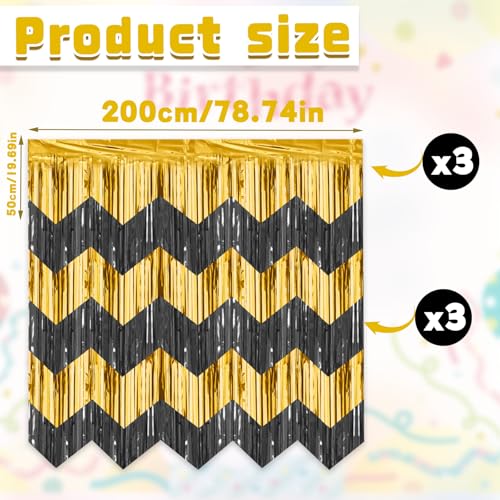 LERCTH Black Gold Chevron Fringe Curtain Backdrop (Pack of 6) | 78.74in x 19.69in Wave Fringe Curtains for Party Decoratio...