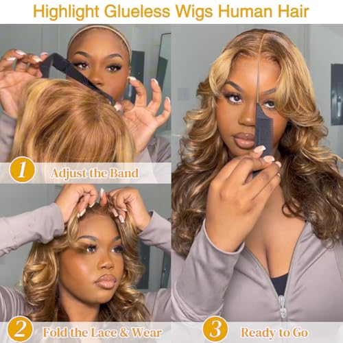 Durya Honey Blonde Ombre Lace Front Wig Human Hair Highlight Body Wave Lace Front Wigs Human Hair Pre Plucked Glueless 5x5 HD Lace Closure Wig for Women 4/27 Colored 250 Density 28 Inch