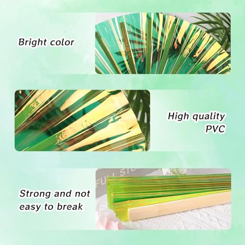 Folding Hand Fan, 13 Inch Glitter Green Rave Decorative Hand Fans for Line Dancing Handheld Crafts for Festivals, Rainbow ...