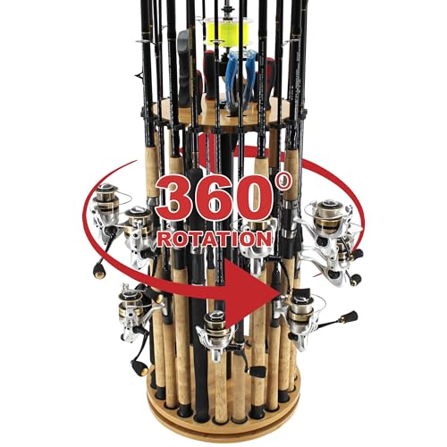 Rush Creek Creations 24-Rod Round Spinning Fishing Pole Holder with Built-in Line Spooler, 360° Access Fishing Rod Holder ...