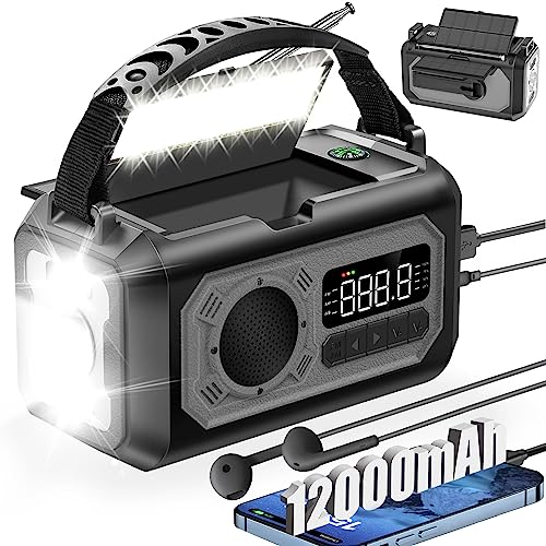 12000mAh Emergency Weather Radio, Hand Crank Solar Radio Portable AM/FM/NOAA Radio with 2 Solar Panels 3 Charging Methods ...