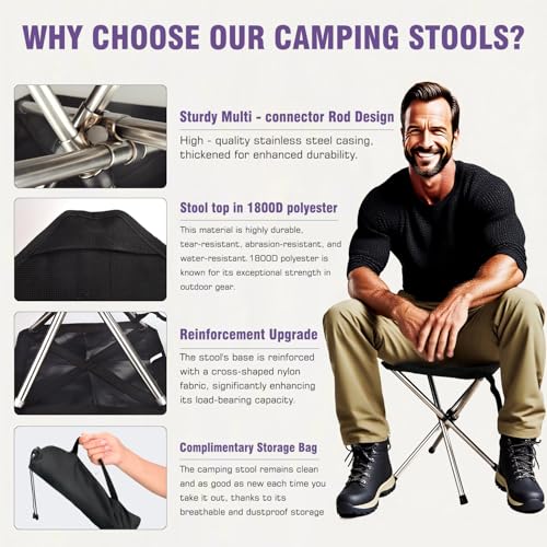 JVZI® Ultra-Light Backpacking Camping Stool - 275lbs Capacity, 1-Second Setup | Waterproof, Dual-Height Design for Campin...