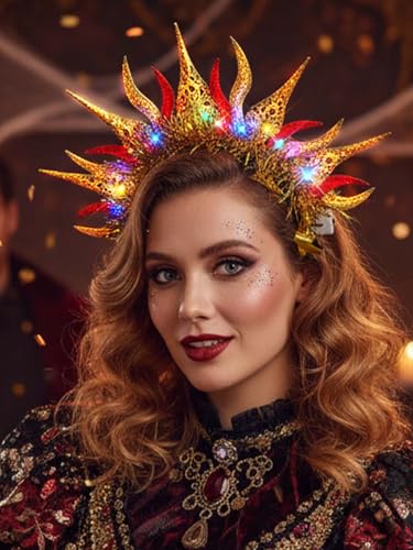 Lorealri Festive Sun Crown Light Up Headband, Gold and Red Glitter, LED Rave Party Costume Accessory for Women (Gold-Red ...