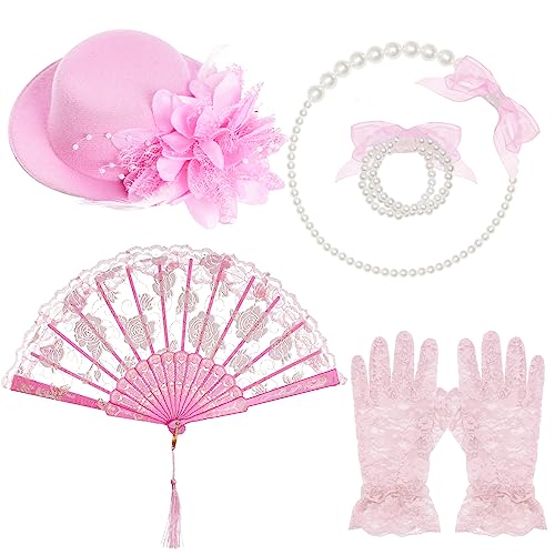obmwang 5 Pieces Girls Tea Party Supplies Tea Party Gloves Hats Girls Kids Tea Party Necklace Fan for Girls Tea Party Costume