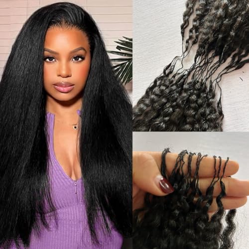 Knotless Pre-Separated Crochet Hair Extensions Kinky Straight 100% Human Hair Feather Crochet Braid Hair Extensions Natural Color 18Inch 60g