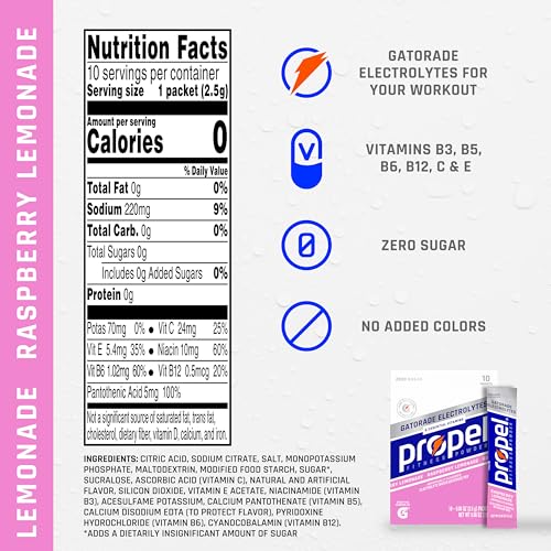 Propel Electrolyte Enhanced Water Drink Mix Powder Packets, Raspberry Lemonade, Zero Calorie & Zero Sugar Hydration with E...