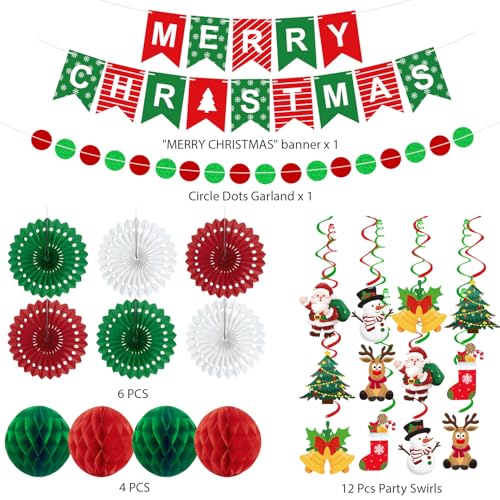 25pcs Christmas Party Decorations Merry Christmas Banner Paper Fan Garlands String Circle Dot Honeycomb Ball Swirl Streame...