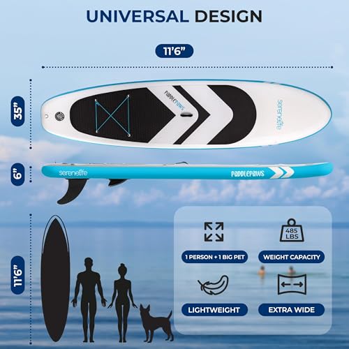 SereneLife XL Inflatable Stand Up Paddle Board - Pet-Friendly SUP for Adults and Pets - Extra-Wide Stable Design with Non-...