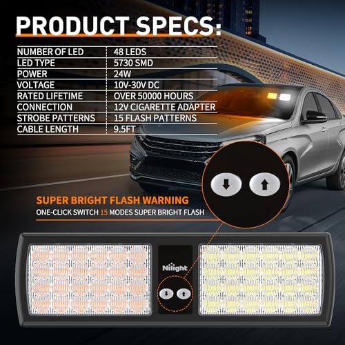 Nilight Amber White 48LED Visor Strobe Lights Interior Windshield Emergency Warning Light Super Bright LED for Police Enfo...