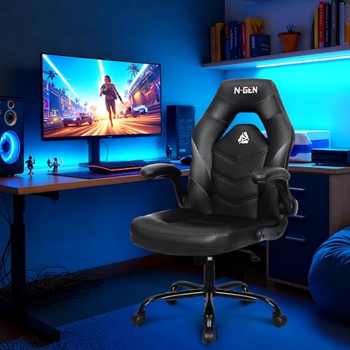 N-GEN Video Gaming Chair Ergonomic Computer Desk Office Chair with Lumbar Support Adjustable Height Swivel Wheels Flip-Up ...