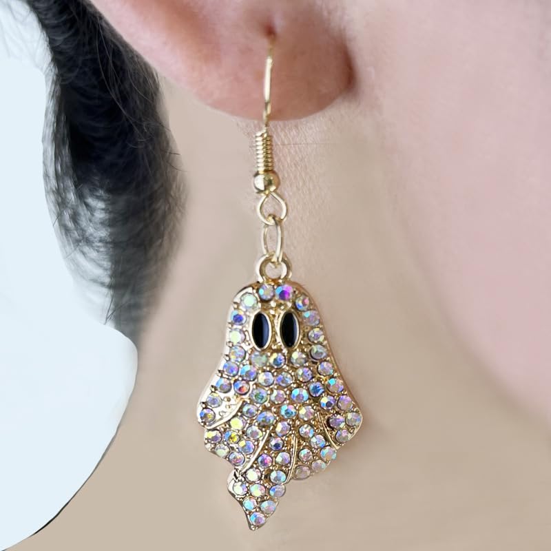 Halloween Pumpkin Ghost Earrings Sparkly Rhinestone Dangle Earring for Women-Ghost