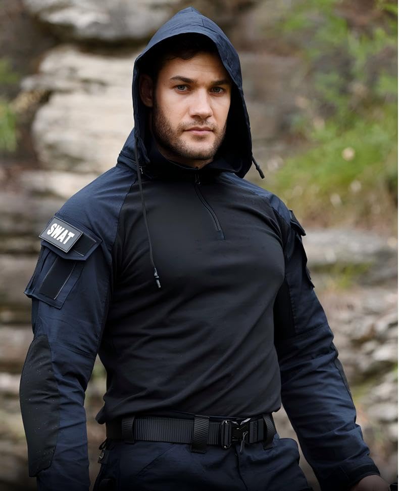 Men's Tactical Shirt Combat Airsoft Long Sleeve Shirts with Elbow Pads Camo Military T-Shirt with Hood