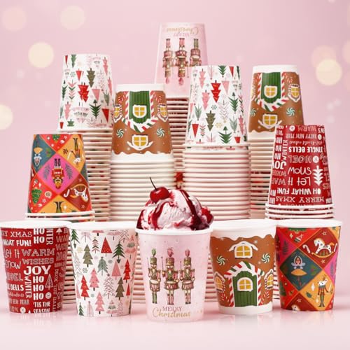 Gerrii 150 Pcs 9 oz Christmas Disposable Paper Cups Hot Chocolate Cocoa Paper Cups Winter Drink Cup 5 Designs Merry Christ...