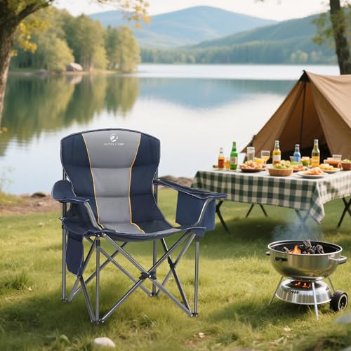 ALPHA CAMP Oversized Camping Chair Heavy Duty Lawn Chair with Cooler Bag Support 450 LBS Steel Frame Collapsible Padded Ar...