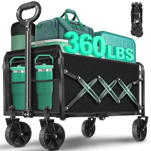 Collapsible Wagon Cart with Wheels Foldable: 360LBS Heavy Duty Folding Utility Wagon - Portable All Terrain Grocery Wagon ...