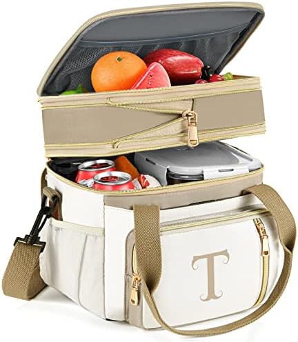 LOKASS Personalized Lunch Bag for Women Work, 16L Initial Insulated Lunch box for Adult/Womens Gift, Leakproof Personalized Gift Lunchbag with Adjustable Shoulder Strap, Cooler Bag Beige - T