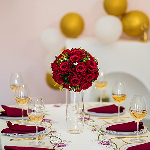 BLOSMON Flower Centerpieces for Tables Wedding: 10 Pcs Crimson Red Artificial Rose Flowers Balls Decoration - 9.5 Inch Fak...