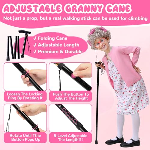 FUNSENLY Old Lady Costume for Kids Girls 100 Days of School Costume, Granny Grandma Dress Up for Girls