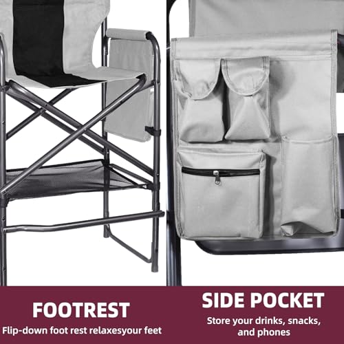 Foristrail 30" Tall Directors Chair with Side Table, 400LBS Bar Height Folding Camping Chair (Light Gray/Black)