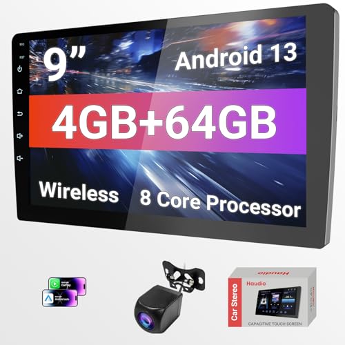 Haudio Double Din Android 13 Car Stereo - 9" HD Touchscreen with Wireless CarPlay & 14-Band DSP, 50W×4 Hi-Fi, Dual USB/DV...