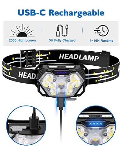 Eirnvop 2000LM Ultra Bright 9 LED Headlamp, 2 Pack USB C Rechargeable Headlights, 10 Modes, Motion Sensor, Waterproof Head...
