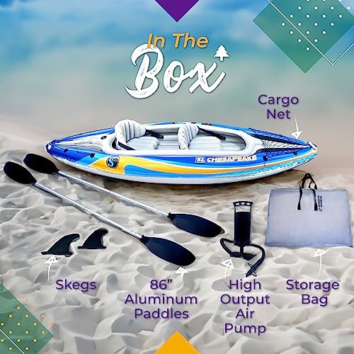 Sunlite Sports 2-Person Inflatable Kayak with Aluminum Oars (136" x 33"), High Output Air Pump and Storage Bag, Double Tan...