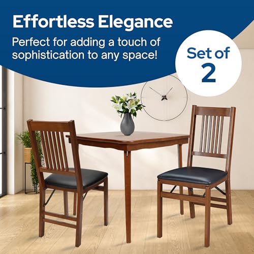 MECO Stakmore True Mission Wooden Folding Chairs with Padded Seats, Set of 2 - No Assembly Foldable Dining Chairs, Steel F...