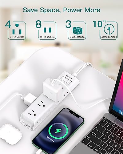 10FT Extension Cord - Power Strip Surge Protector, Flat Plug, Addtam 12 Widely Outlets 3 Sides Outlet Extender, 900J, Wall...